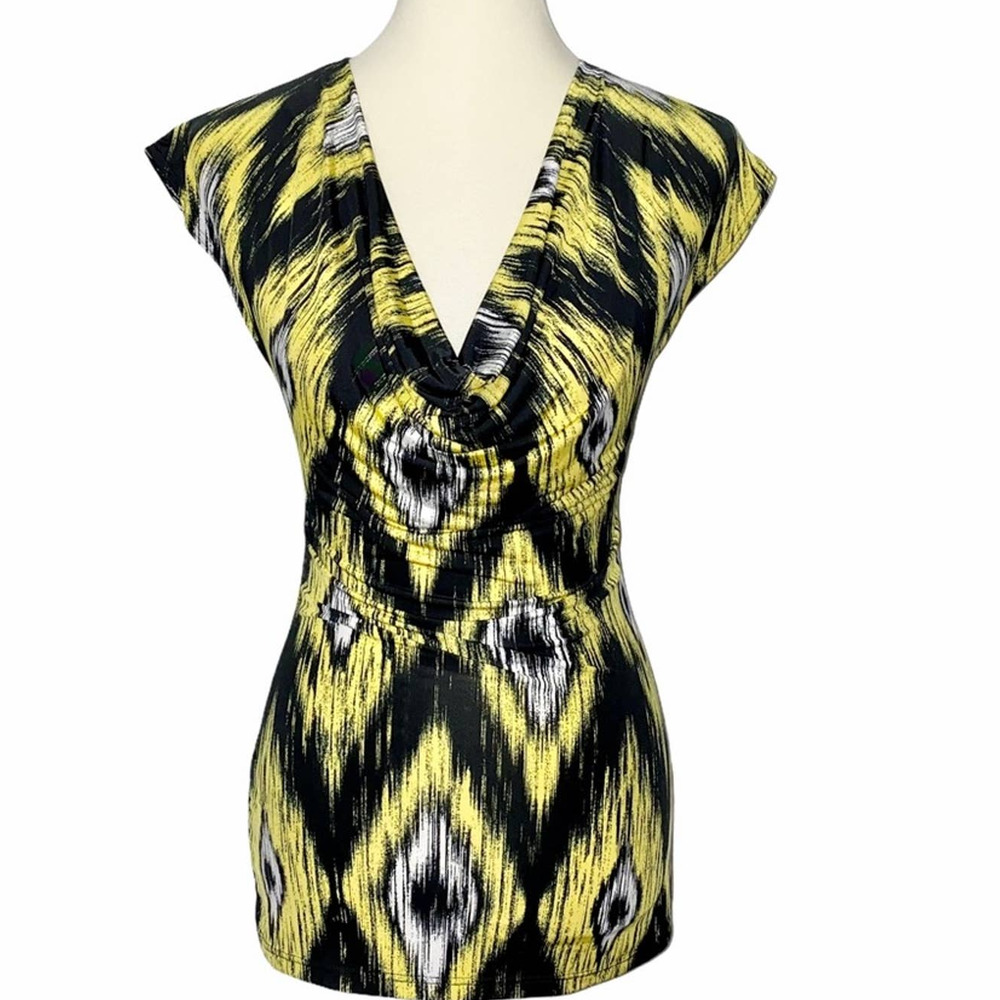 S Y2k VTG Rave Draped Plunge Neck Stretchy Abstract Diamond Print Tunic Club Top